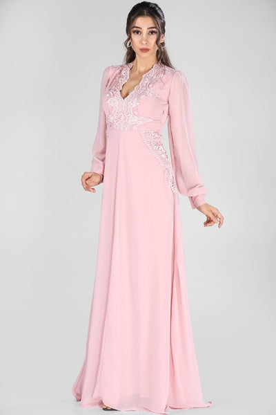  Lace embroidered powder women evening dress 