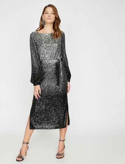 15136 silver black slit dress