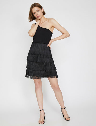15180 black one shoulder tassel dress