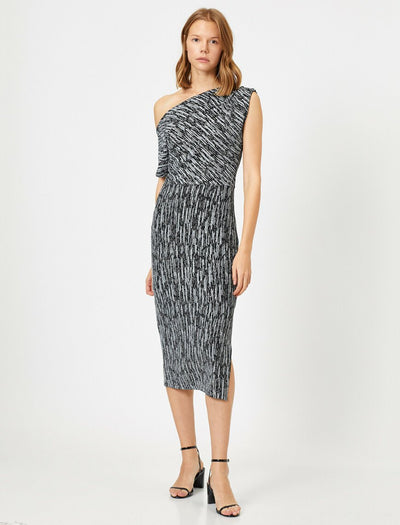 15147 black ecru one shoulder shimmer dress