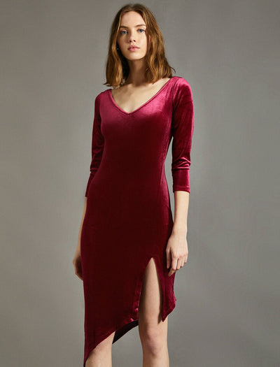 15159 burgundy asymmetric velvet dress