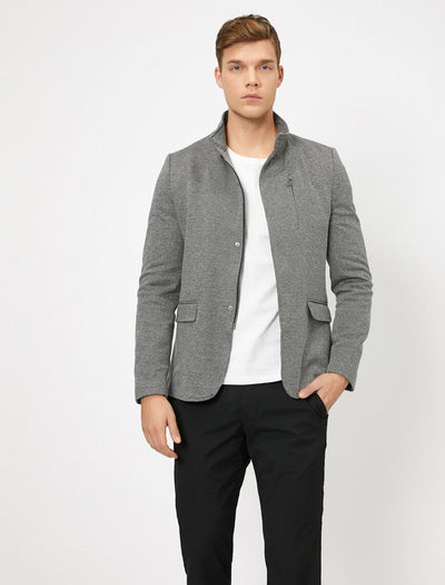 17477 Grey Zipper Detailed High Neck Jacket