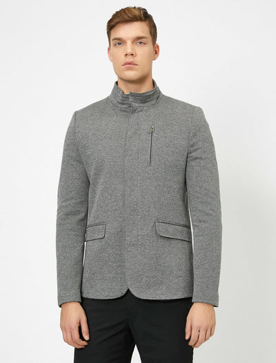17477 Grey Zipper Detailed High Neck Jacket