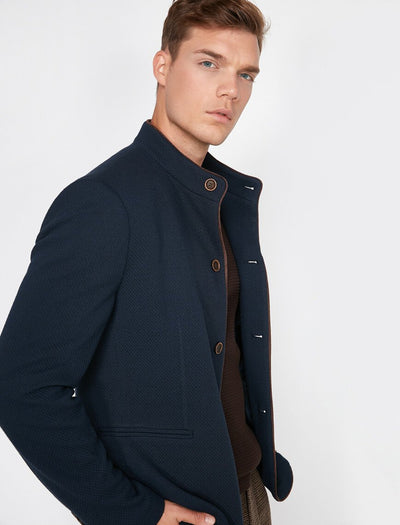 17517 Navy Button Detailed High Collar Jacket