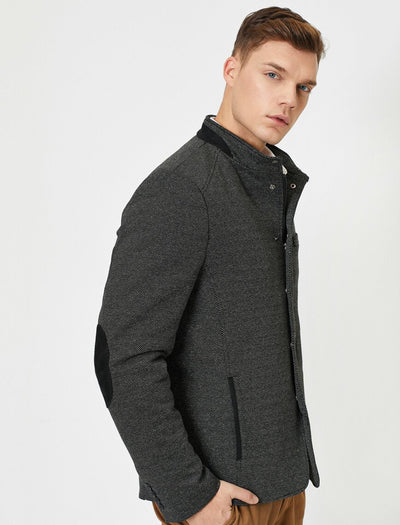 17556 Black High Collar Elbow Patched Jacket