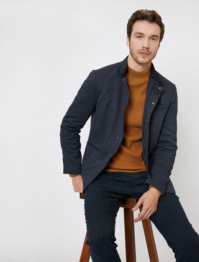 17500 Navy Zipper Detailed High Neck Jacket