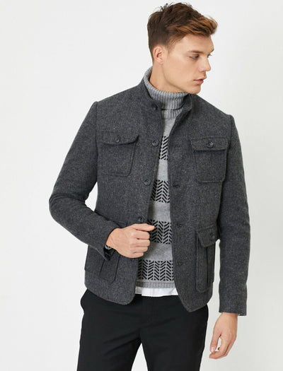 17480 Grey High Collar Four Pockets Jacket