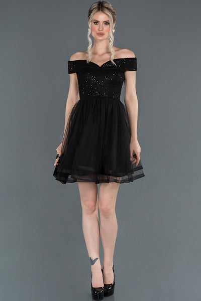 17034 black off shoulder shimmer tulle princess dress