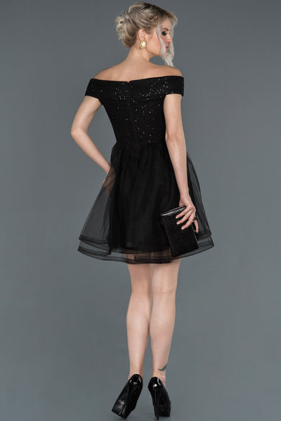 17034 black off shoulder shimmer tulle princess dress