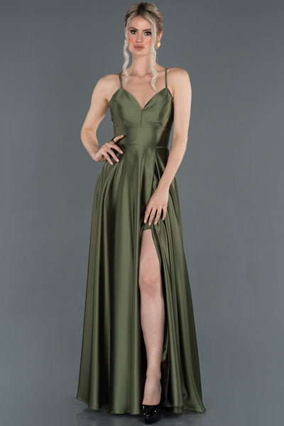 16663 Olive Green Back Cross Strap Satin Slit Dress
