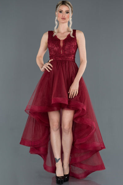  Burgundy Front Short Back Long Lace Evening Dress ABO059 