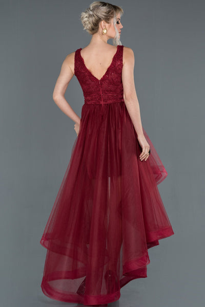  Burgundy Front Short Back Long Lace Evening Dress ABO059 