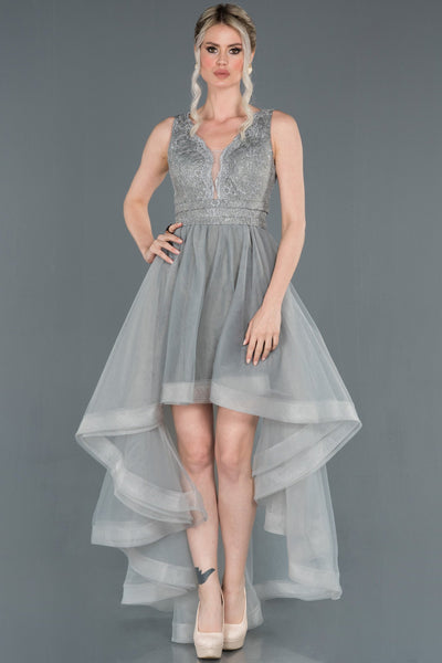  Grey Front Short Back Long Lace Evening Dress ABO059 
