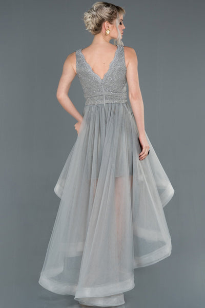  Grey Front Short Back Long Lace Evening Dress ABO059 