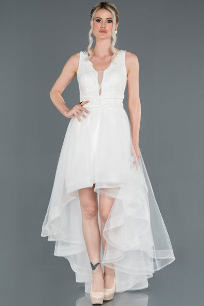  Bone Front Short Back Long Lace Evening Dress ABO059 