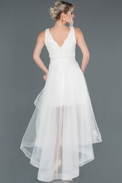  Bone Front Short Back Long Lace Evening Dress ABO059 