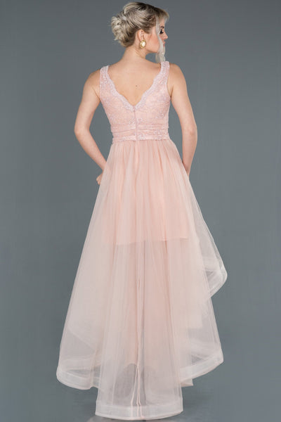  Powder Front Short Back Long Lace Evening Dress ABO059 