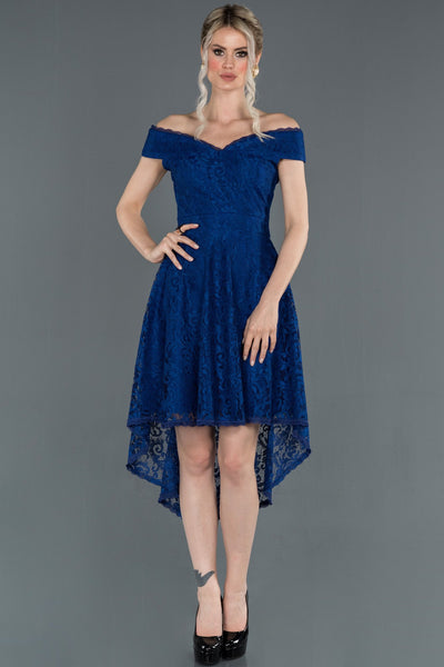  Sax Blue Front Short Back Long Boat Neck Graduation Dress ABO018 