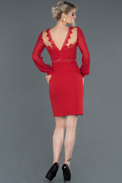 Red Long Sleeve Double Breasted Collar Invitation Dress ABK772 