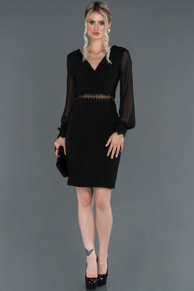 Black Long Sleeve Double Breasted Collar Invitation Dress ABK772 