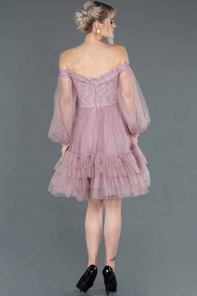  Lilac Balloon Sleeve Embroidered Strapless Evening Dress ABK779 