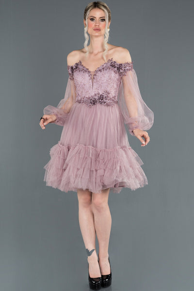  Lilac Balloon Sleeve Embroidered Strapless Evening Dress ABK779 