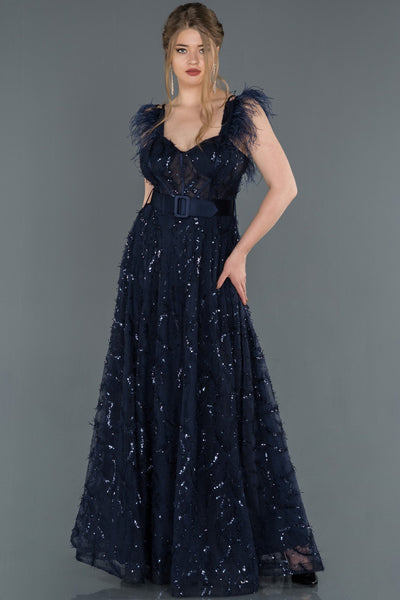 17049 navy blue feather detail sequined tulle dress