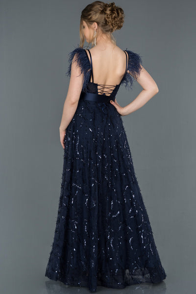 17049 navy blue feather detail sequined tulle dress