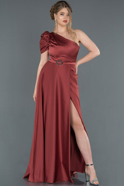 17037 burnt cinnamon draped one shoulder slit satin dress