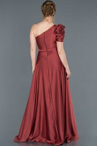 17037 burnt cinnamon draped one shoulder slit satin dress