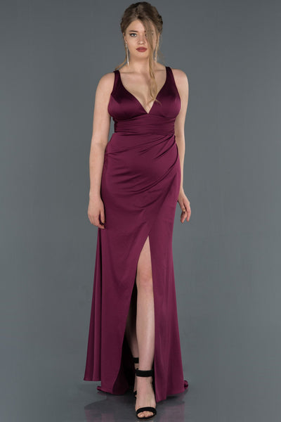  Plum Leg And Chest Decollete Satin Evening Dress ABU1255 