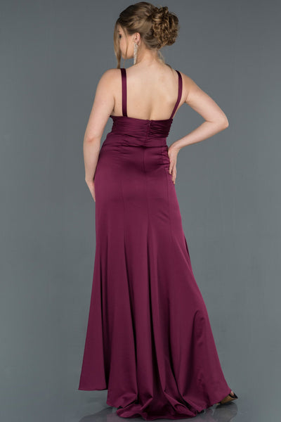  Plum Leg And Chest Decollete Satin Evening Dress ABU1255 