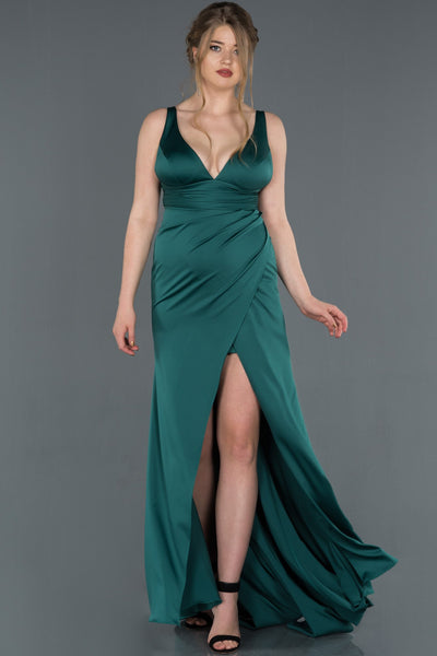  Emerald Green Leg And Chest Decollete Satin Evening Dress ABU1255 