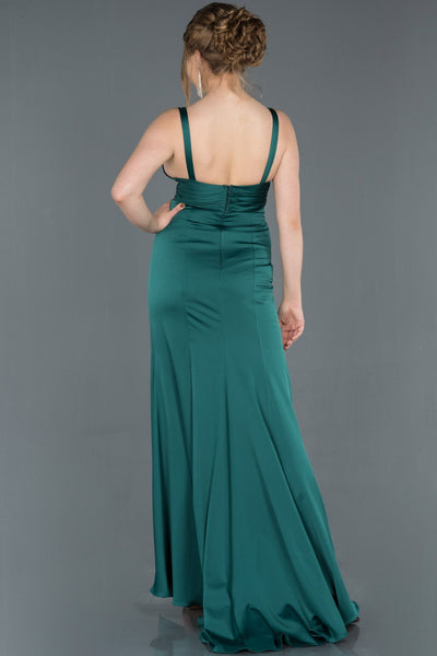  Emerald Green Leg And Chest Decollete Satin Evening Dress ABU1255 