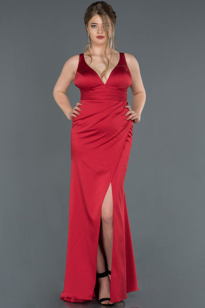 16914 red draped wrap skirt satin slit dress