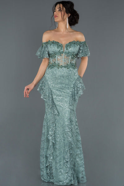 17029 mint green transparent corset strapless lace dress