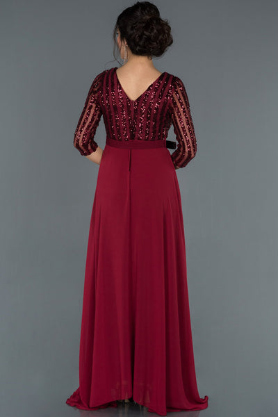 17021 claret red sequined tulle top belt chiffon dress