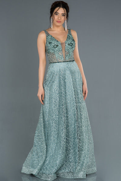 17324 Green Low Back Transparent Tulle Lace Dress