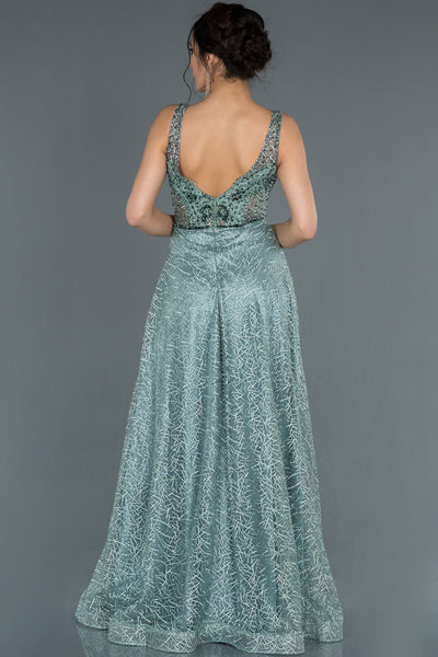 17324 Green Low Back Transparent Tulle Lace Dress