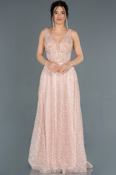 17325 Pink Low Back Transparent Tulle Lace Dress