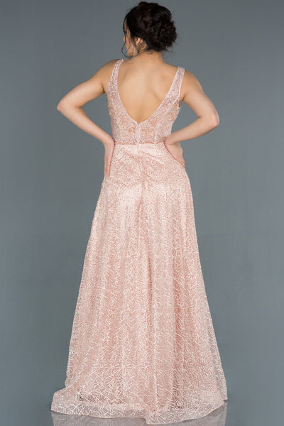 17325 Pink Low Back Transparent Tulle Lace Dress