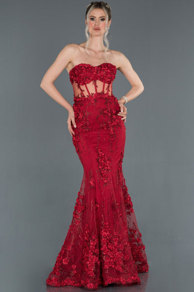 17292 Red Strapless Floral Applique Transparent Tulle Dress