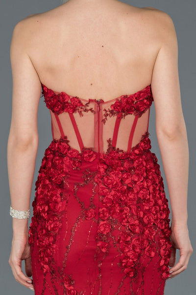 17292 Red Strapless Floral Applique Transparent Tulle Dress