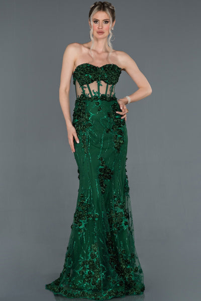 17294 Green Strapless Floral Applique Transparent Tulle Dress