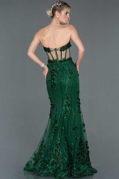 17294 Green Strapless Floral Applique Transparent Tulle Dress