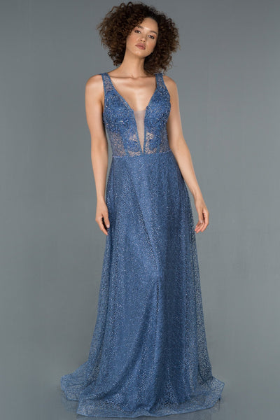 17322 Indigo Low Back Transparent Tulle Lace Dress