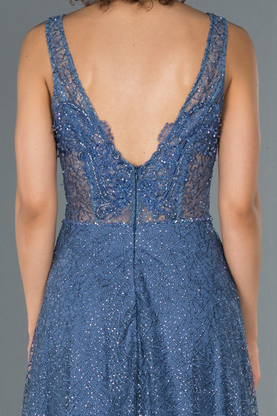 17322 Indigo Low Back Transparent Tulle Lace Dress