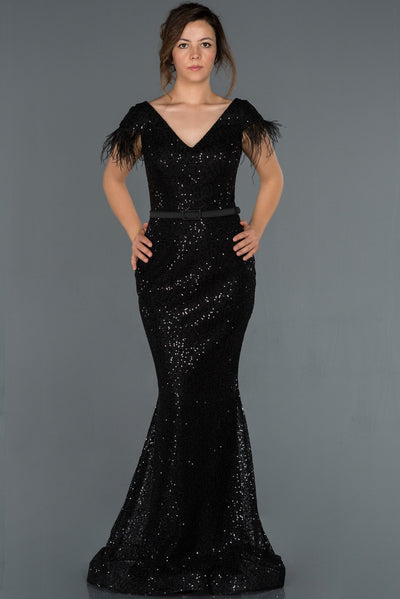 17279 Black Feather Detail Sequined Lace Mermaid Dress