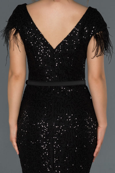 17279 Black Feather Detail Sequined Lace Mermaid Dress
