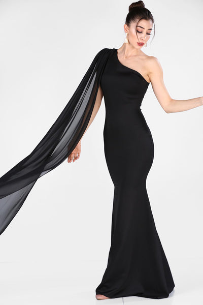  Chiffon detail black women fish model evening dress 